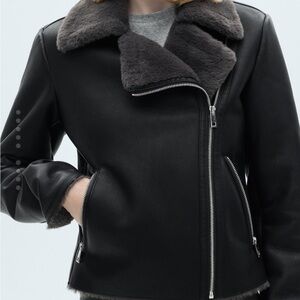 MANGO Leather Jacket with shearling collar